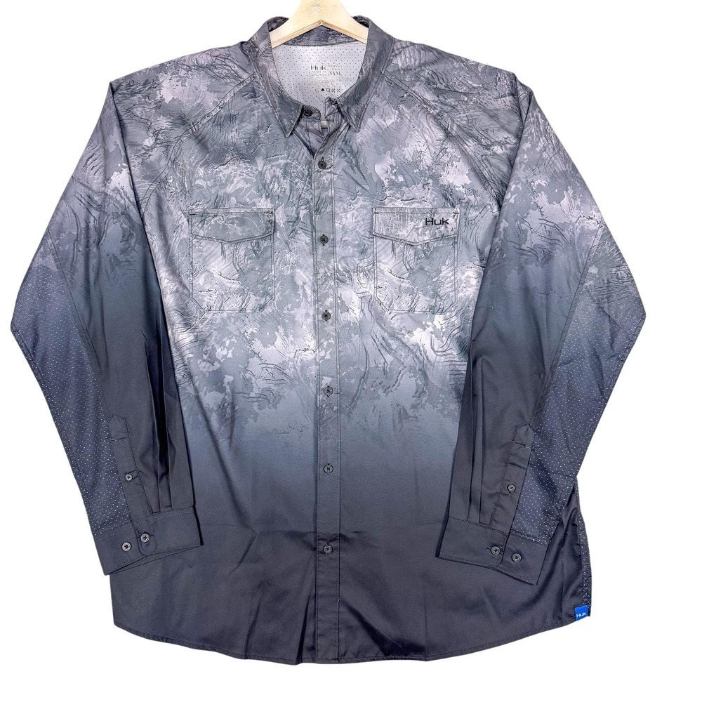Huk Performance Fishing Shirt Mens 3XL Gray Long Sleeve Camo Lightweight